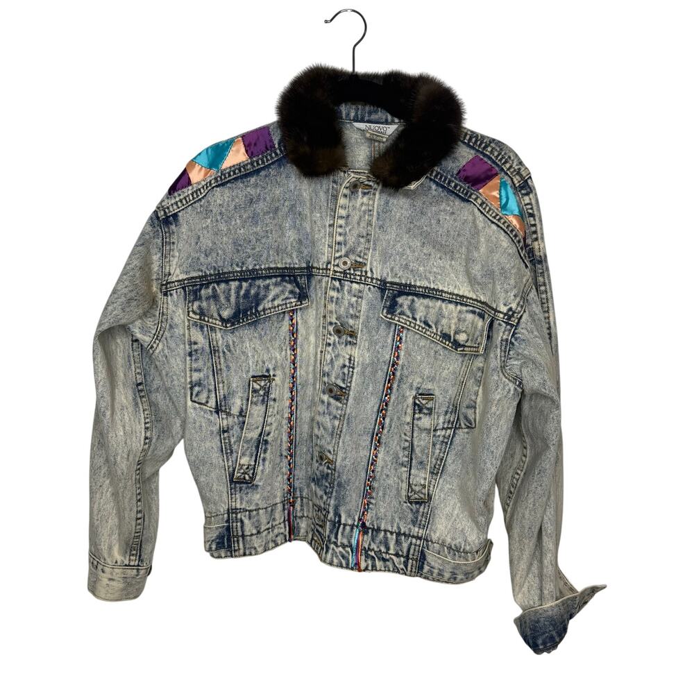 Vintage Nuovo Industriale Jean Rabbit Fur Collar Embroidered Jacket Size Small